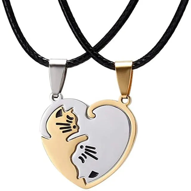 DRAVEN — Cartoon Cat Heart Couple Necklace – Cute Black Animal Pendant Jewelry