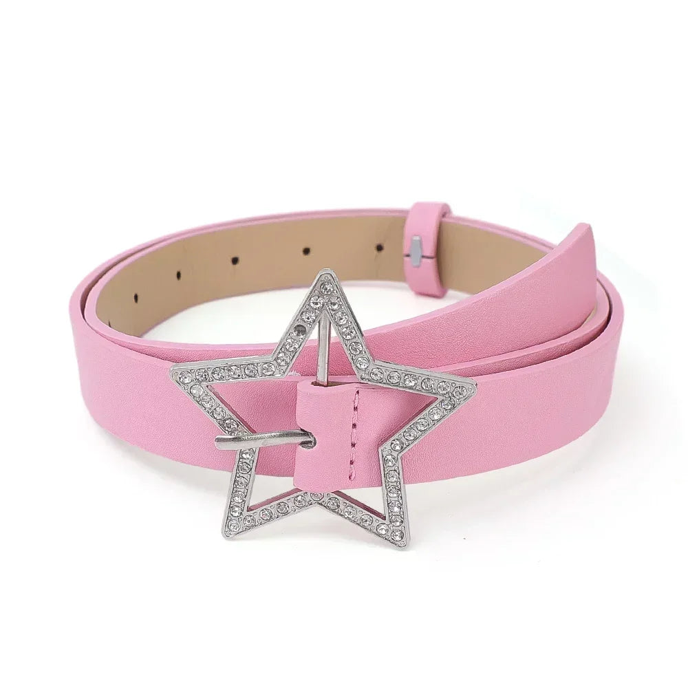DRAVEN — Y2K Star Buckle Belt Pink Rhinestone Elastic Design
