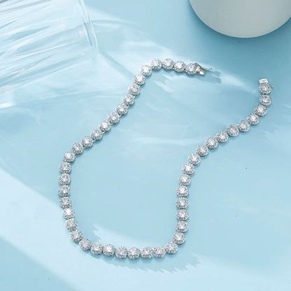 Silver White Gold Plated Tennis Necklace – Full Zircon Moissanite Chain for Men and Women