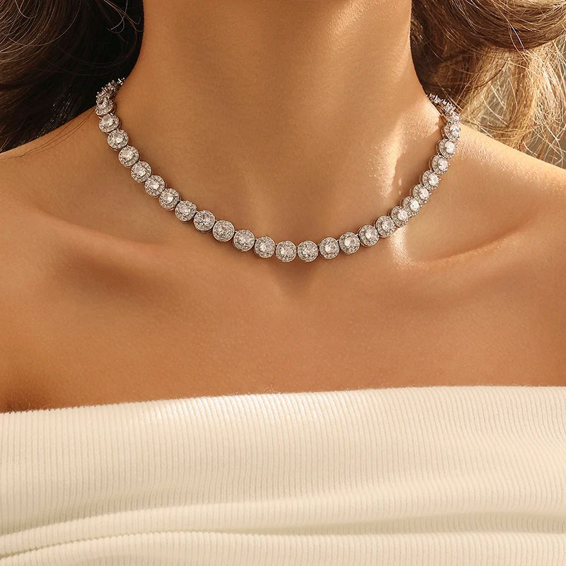 DRAVEN — Silver White Gold Plated Tennis Necklace – Full Zircon Moissanite Chain for Men and Women