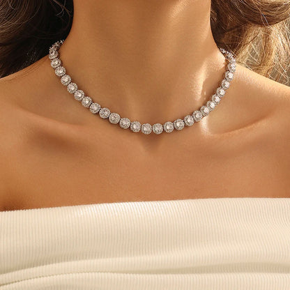 Silver White Gold Plated Tennis Necklace – Full Zircon Moissanite Chain for Men and Women