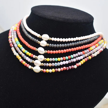 Natural Pearl & Crystal Beaded Necklace – Handmade Short Chain Jewelry for Women
