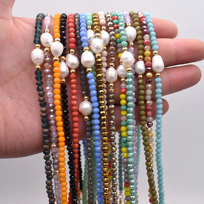 Natural Pearl & Crystal Beaded Necklace – Handmade Short Chain Jewelry for Women