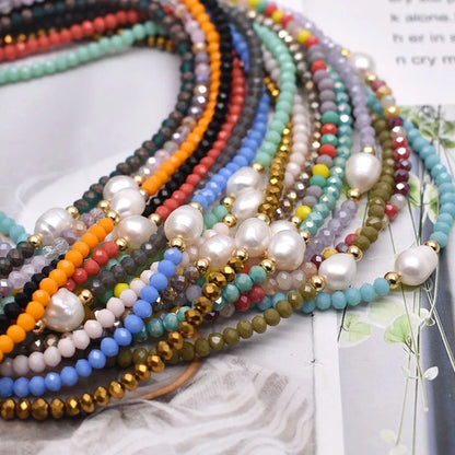 Natural Pearl & Crystal Beaded Necklace – Handmade Short Chain Jewelry for Women
