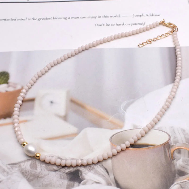 DRAVEN — Natural Pearl & Crystal Beaded Necklace – Handmade Short Chain Jewelry for Women