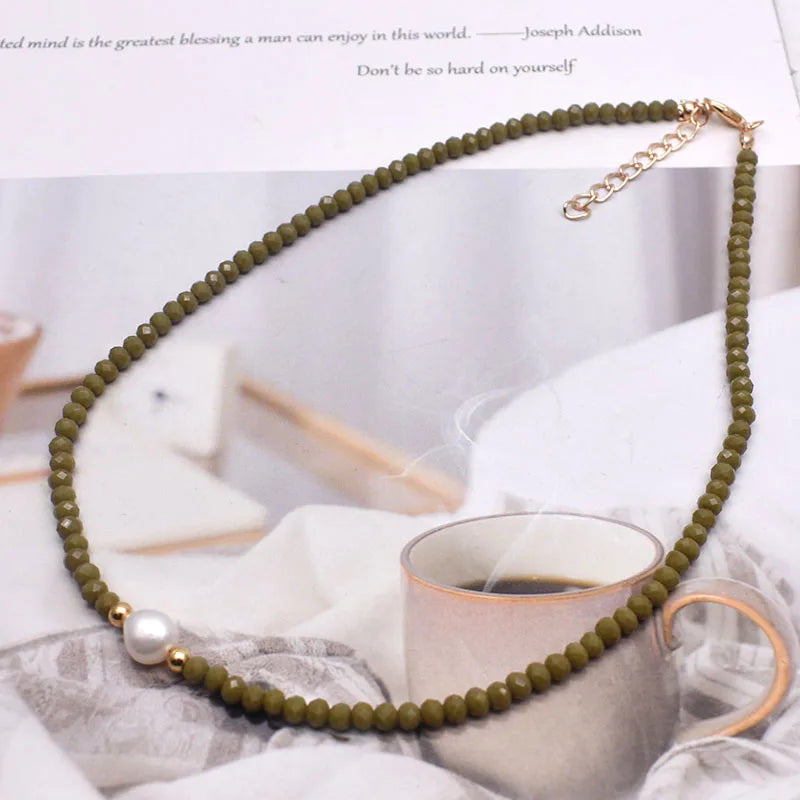 DRAVEN — Natural Pearl & Crystal Beaded Necklace – Handmade Short Chain Jewelry for Women