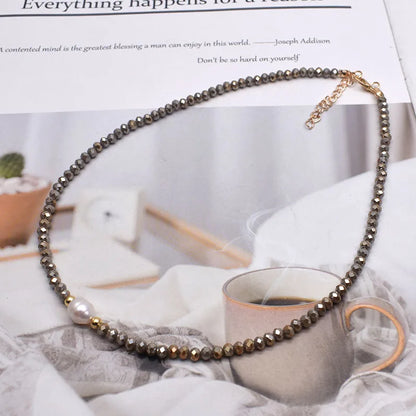 Natural Pearl & Crystal Beaded Necklace – Handmade Short Chain Jewelry for Women