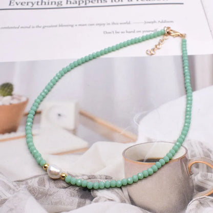 Natural Pearl & Crystal Beaded Necklace – Handmade Short Chain Jewelry for Women