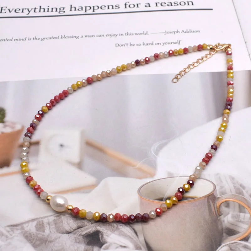 DRAVEN — Natural Pearl & Crystal Beaded Necklace – Handmade Short Chain Jewelry for Women