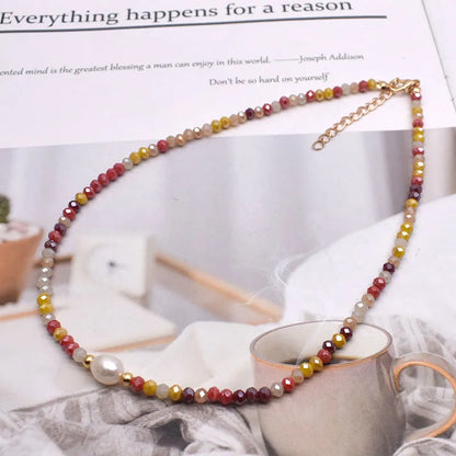 Natural Pearl & Crystal Beaded Necklace – Handmade Short Chain Jewelry for Women