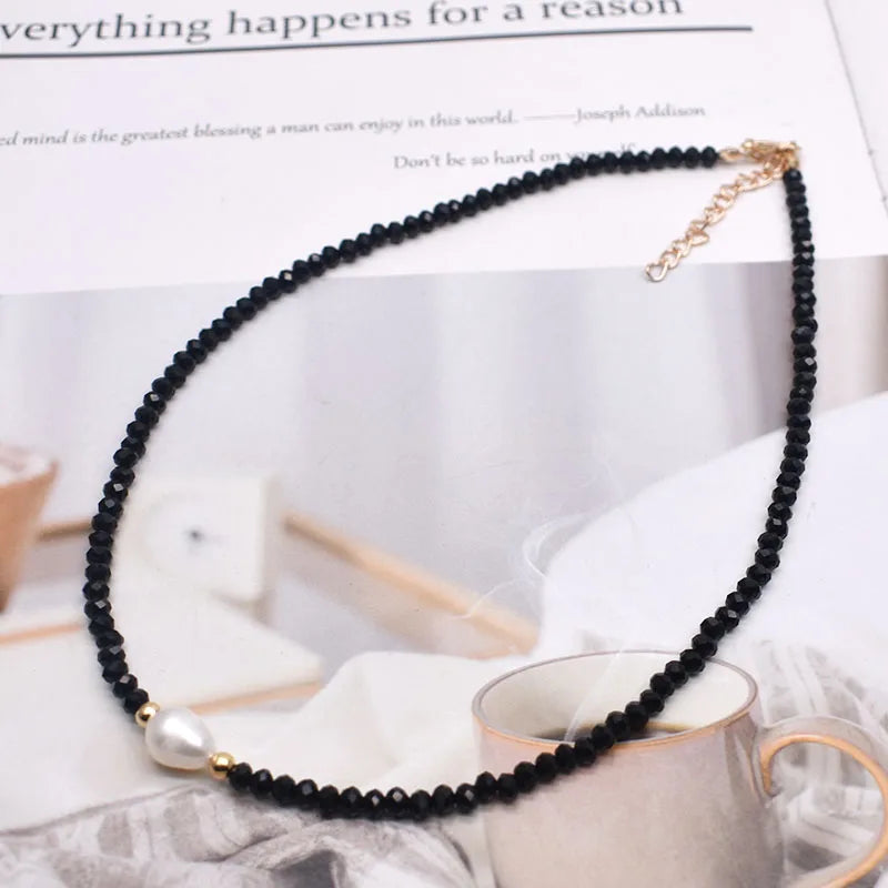DRAVEN — Natural Pearl & Crystal Beaded Necklace – Handmade Short Chain Jewelry for Women