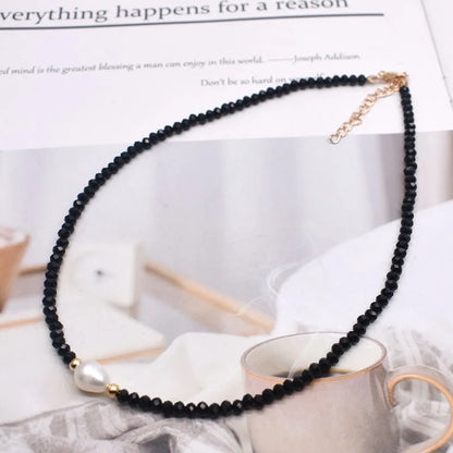 Natural Pearl & Crystal Beaded Necklace – Handmade Short Chain Jewelry for Women