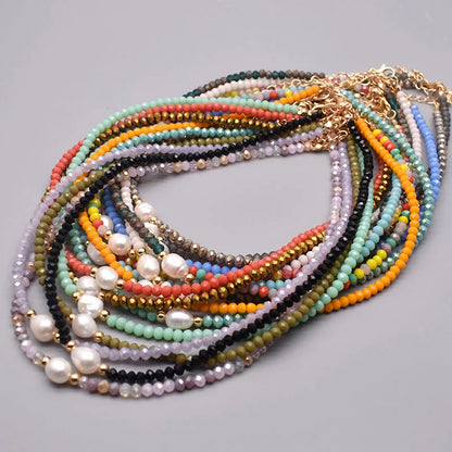 Natural Pearl & Crystal Beaded Necklace – Handmade Short Chain Jewelry for Women