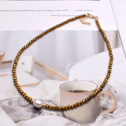 Natural Pearl & Crystal Beaded Necklace – Handmade Short Chain Jewelry for Women