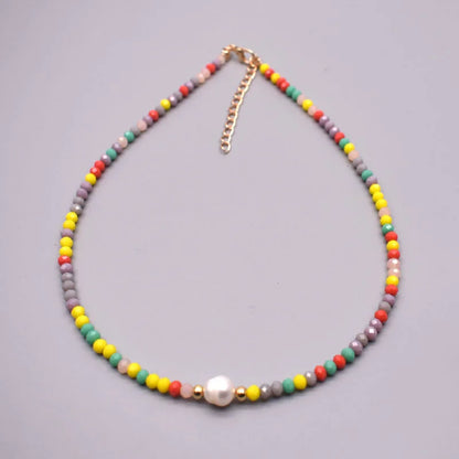 Natural Pearl & Crystal Beaded Necklace – Handmade Short Chain Jewelry for Women