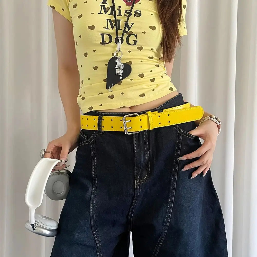 DRAVEN — Y2K Yellow Wide Belt Women Double Buckle Design