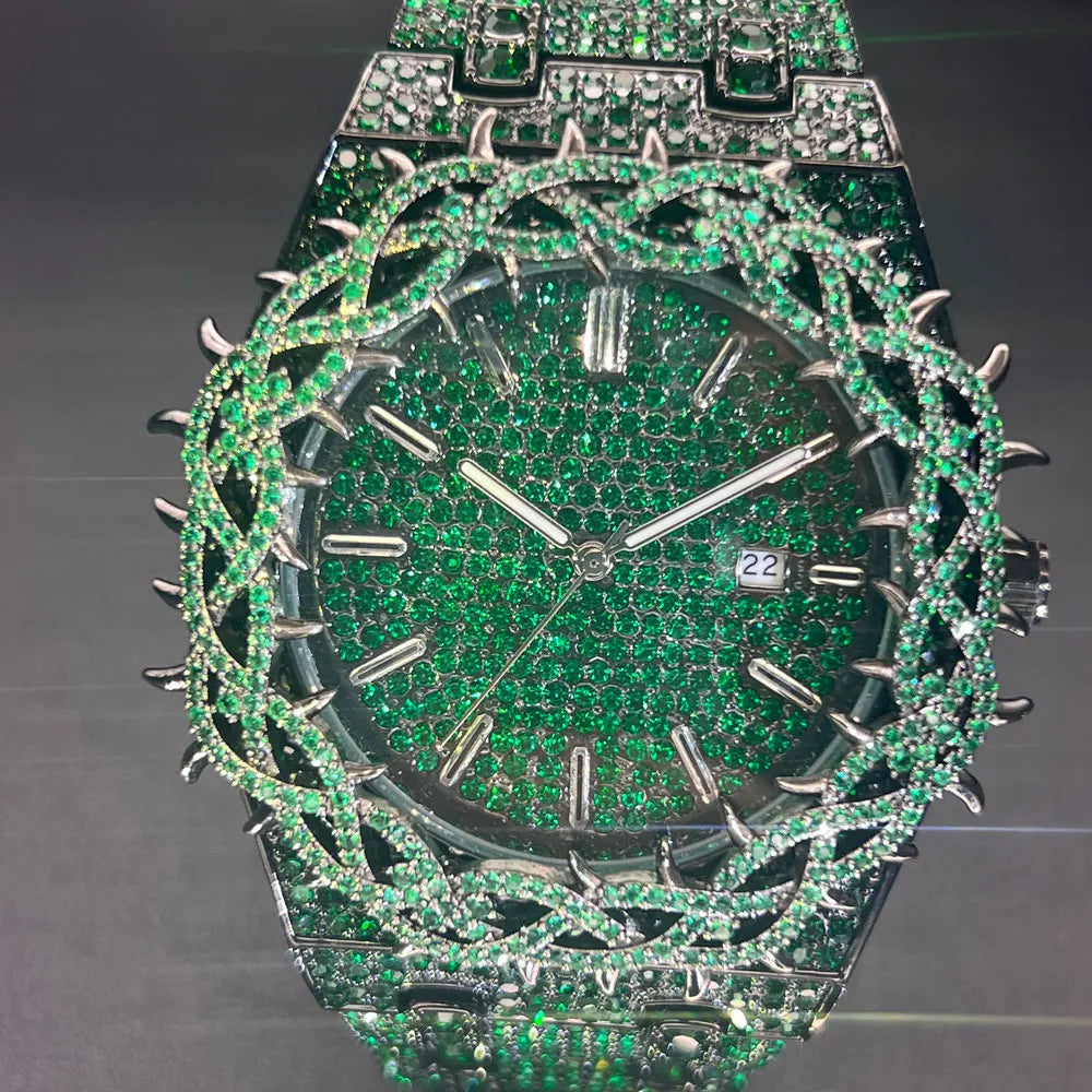 Emerald Bloom – Men’s Green Diamond Watch with Zircon Flower Case – Elegant Men's Accessory | Accessorio Uomo Elegante
