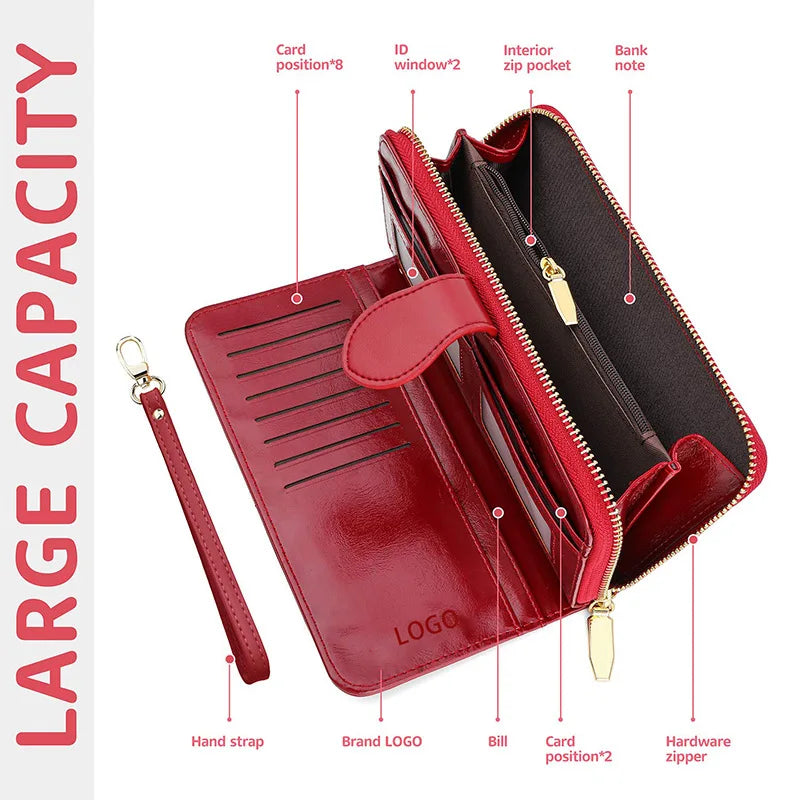 DRAVEN — Shiny Wax Leather Long Wallet Women Wristband Design