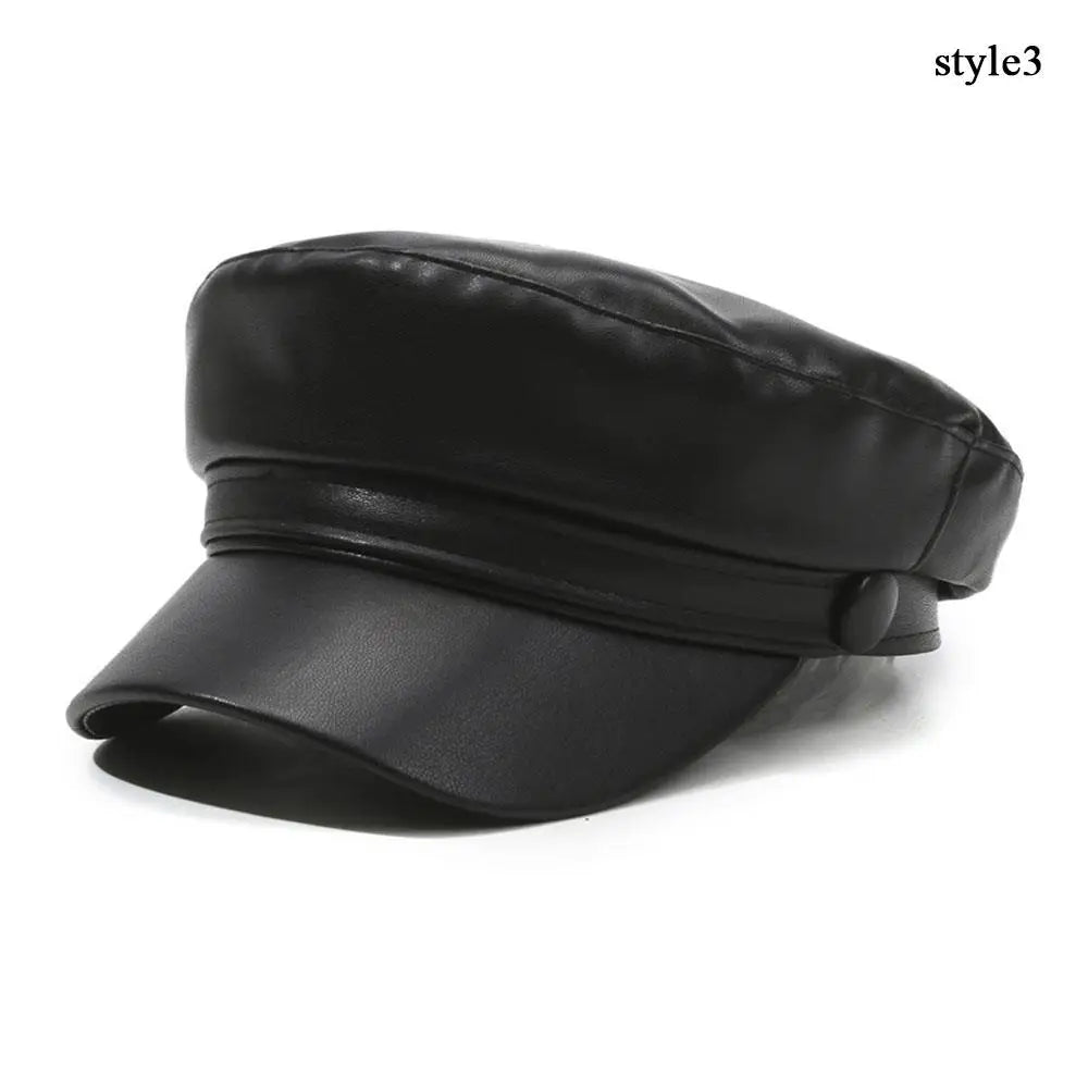 DRAVEN — Black Leather Newsboy Cap – Unisex Biker Sailor Style