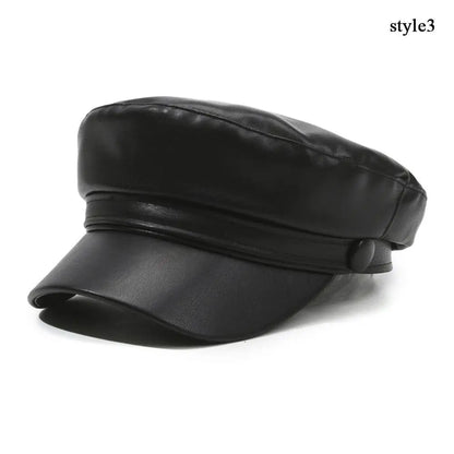 Black Leather Newsboy Cap – Unisex Biker Sailor Style