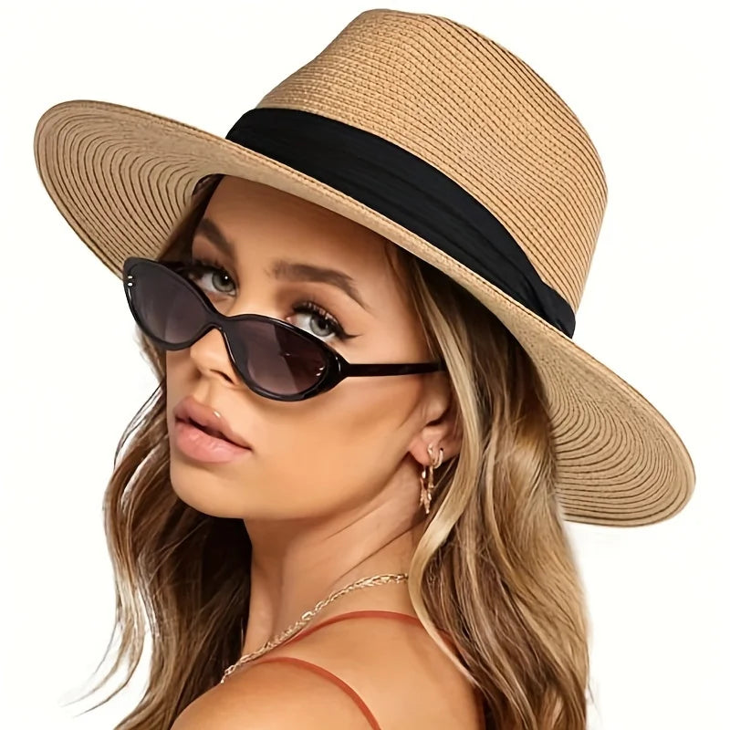 DRAVEN — Summer Straw Fedora Hat – Unisex Beach Sun Hat with Ribbon Detail