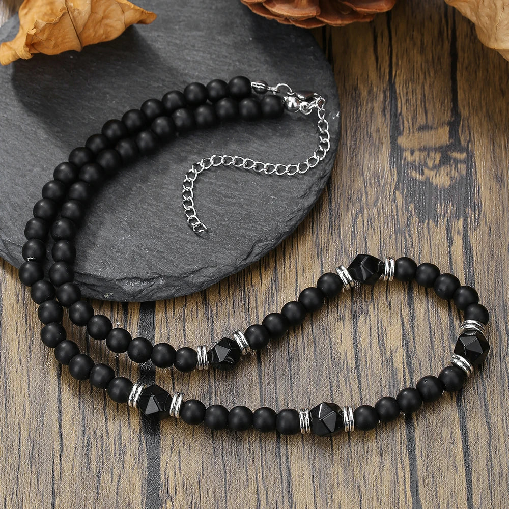 Black Agate Beaded Necklace – Punk Stainless Steel Jewelry for Men – Elegant Men's Accessory | Accessorio Uomo Elegante