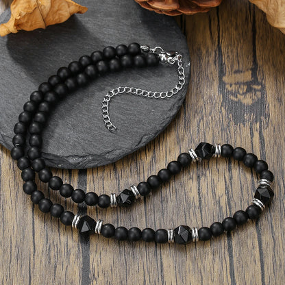 Black Agate Beaded Necklace – Punk Stainless Steel Jewelry for Men – Elegant Men's Accessory | Accessorio Uomo Elegante