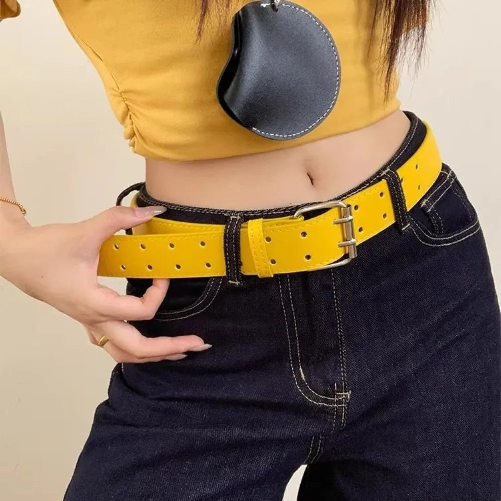 DRAVEN — Y2K Yellow Wide Belt Women Double Buckle Design