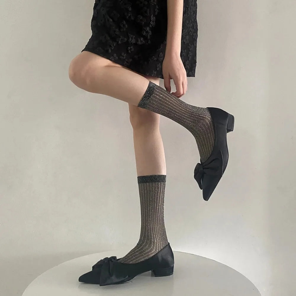 DRAVEN — Silver Silk Crew Socks – Women’s Korean Street Style