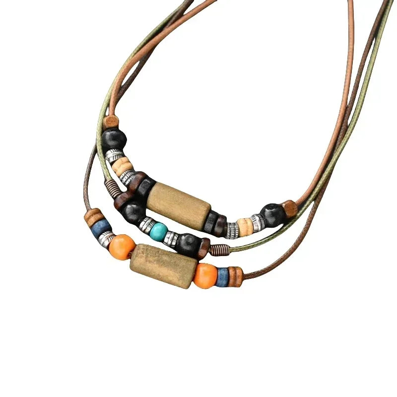 Layered Leather Rope Necklace – Vintage Wood Pendant Jewelry for Men – Elegant Men's Accessory | Accessorio Uomo Elegante