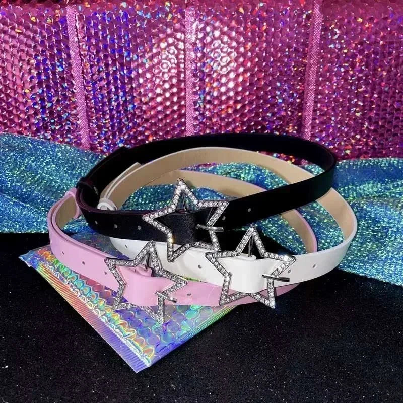DRAVEN — Y2K Star Buckle Belt Pink Rhinestone Elastic Design