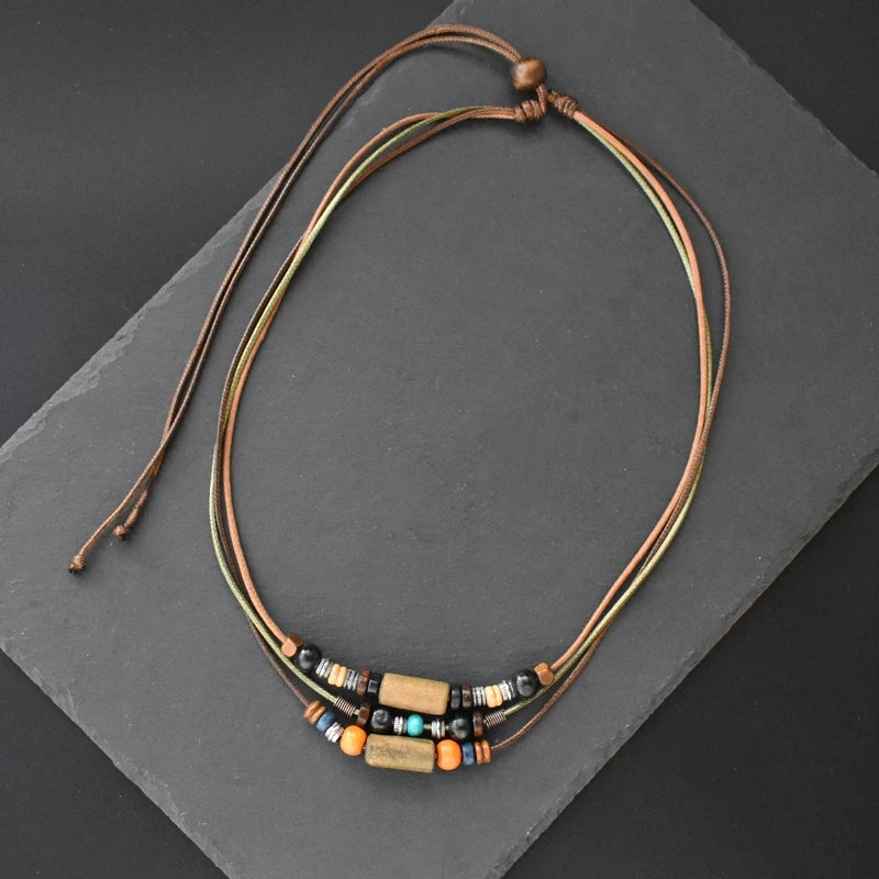 Layered Leather Rope Necklace – Vintage Wood Pendant Jewelry for Men – Elegant Men's Accessory | Accessorio Uomo Elegante