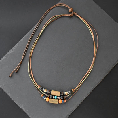 Layered Leather Rope Necklace – Vintage Wood Pendant Jewelry for Men – Elegant Men's Accessory | Accessorio Uomo Elegante