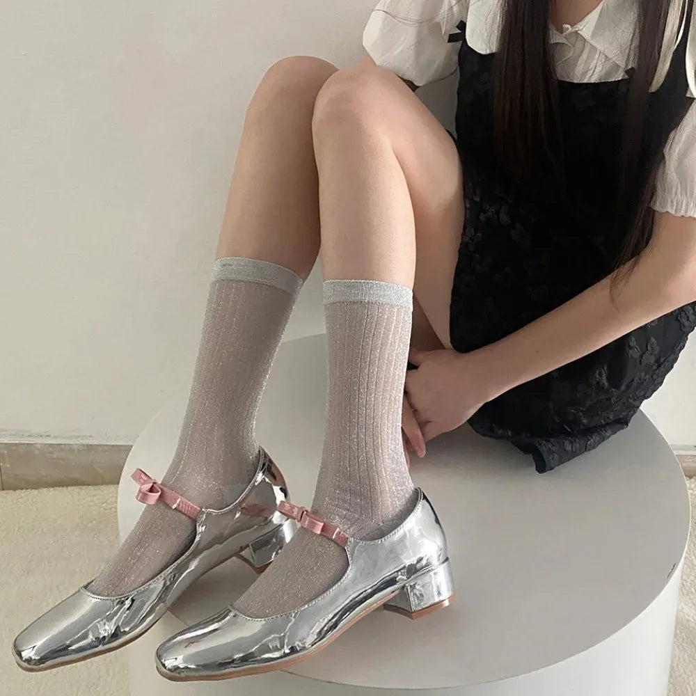 DRAVEN — Silver Silk Long Socks – Women’s Korean Street Style