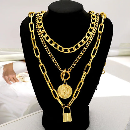 3PCS Layered Gold Necklace Set – Vintage Embossed Round & Lock Pendants