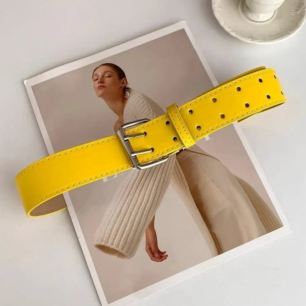 DRAVEN — Y2K Yellow Wide Belt Women Double Buckle Design