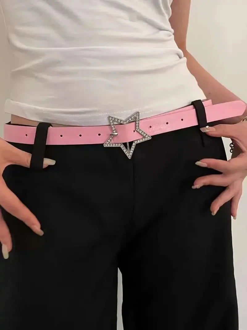 Y2K Star Buckle Belt Pink Rhinestone Elastic Design – Elegant Men's Accessory | Accessorio Uomo Elegante
