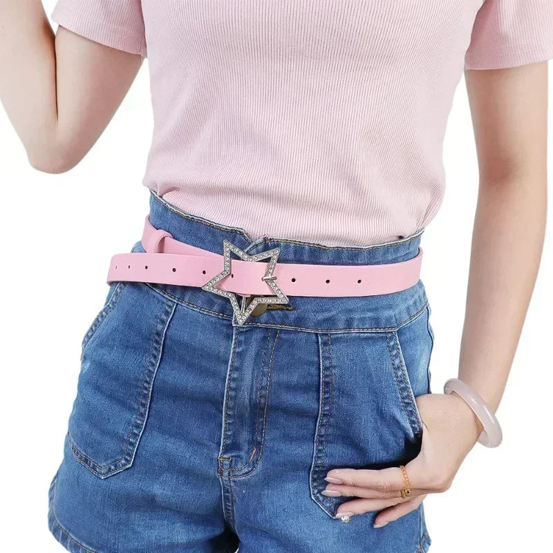 Y2K Star Buckle Belt Pink Rhinestone Elastic Design – Elegant Men's Accessory | Accessorio Uomo Elegante