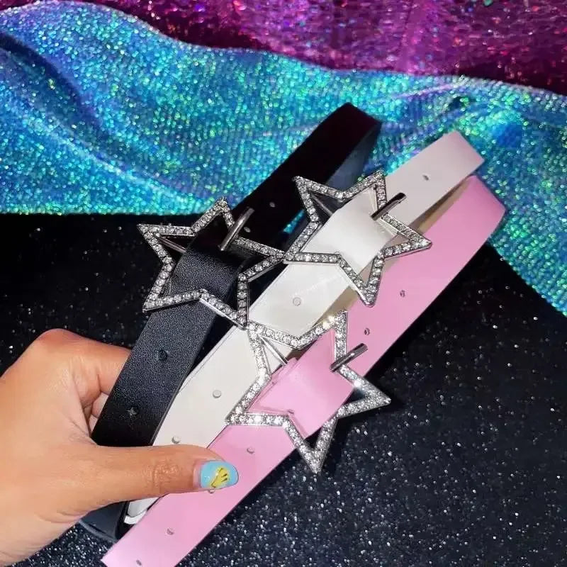 DRAVEN — Y2K Star Buckle Belt Pink Rhinestone Elastic Design