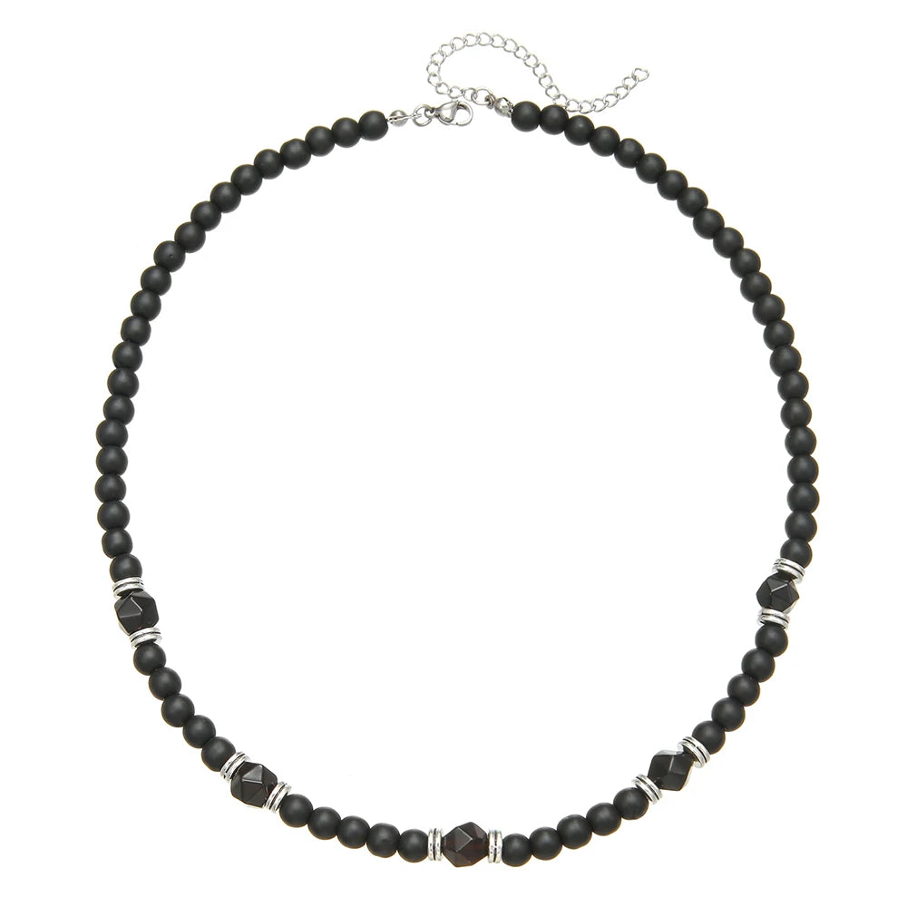 Black Agate Beaded Necklace – Punk Stainless Steel Jewelry for Men – Elegant Men's Accessory | Accessorio Uomo Elegante