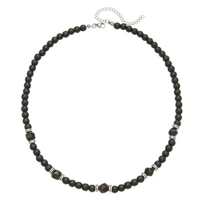 Black Agate Beaded Necklace – Punk Stainless Steel Jewelry for Men – Elegant Men's Accessory | Accessorio Uomo Elegante
