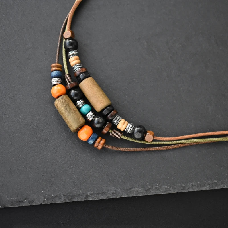 DRAVEN — Layered Leather Rope Necklace – Vintage Wood Pendant Jewelry for Men