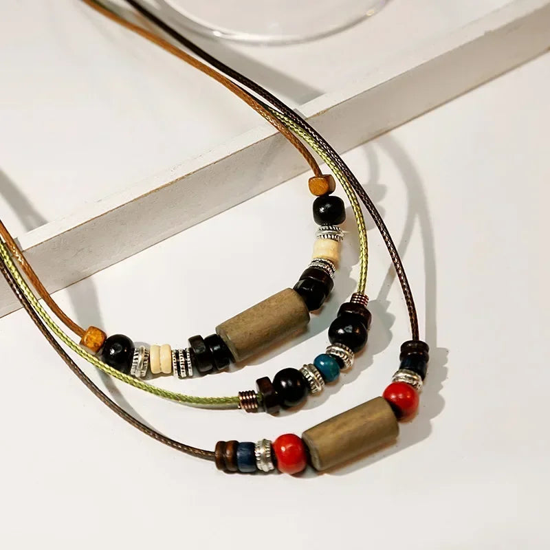 Layered Leather Rope Necklace – Vintage Wood Pendant Jewelry for Men – Elegant Men's Accessory | Accessorio Uomo Elegante