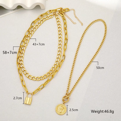 3PCS Layered Gold Necklace Set – Vintage Embossed Round & Lock Pendants