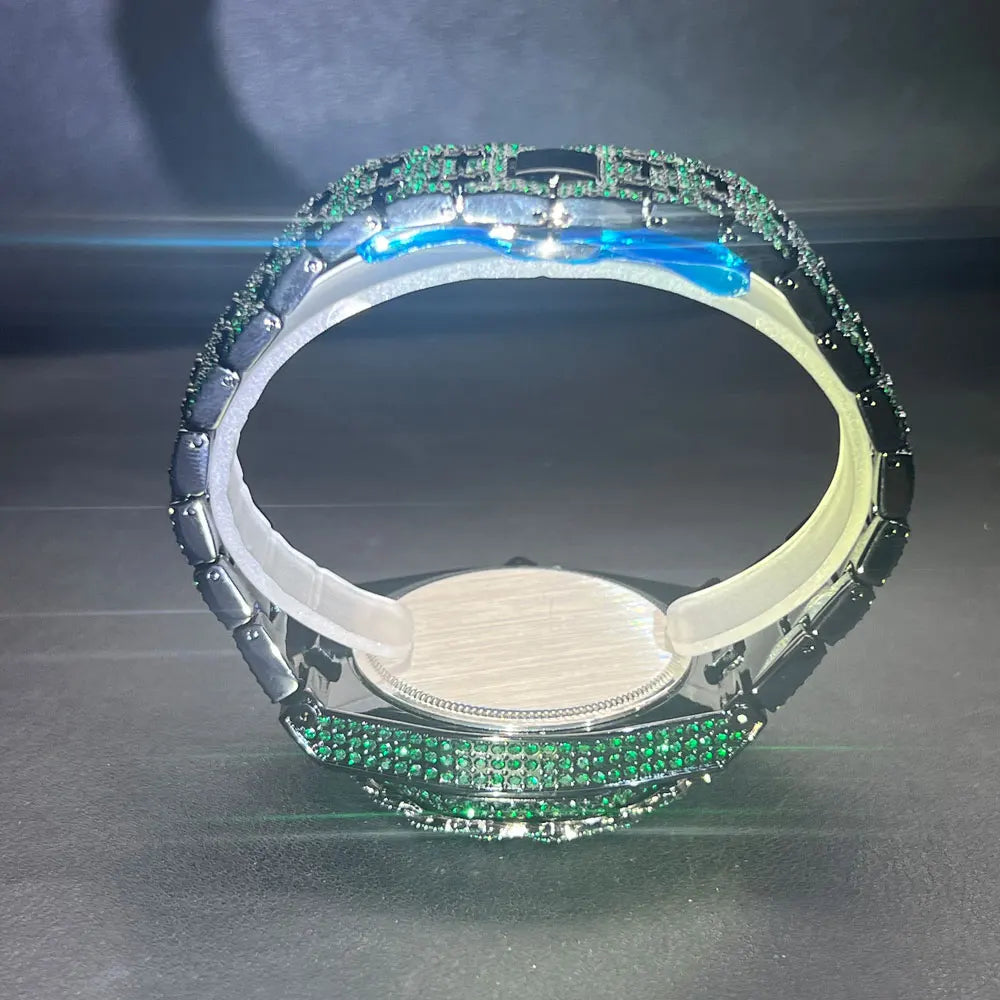 Emerald Bloom – Men’s Green Diamond Watch with Zircon Flower Case – Elegant Men's Accessory | Accessorio Uomo Elegante