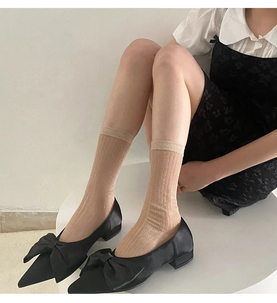 DRAVEN — Silver Silk Long Socks – Women’s Korean Street Style