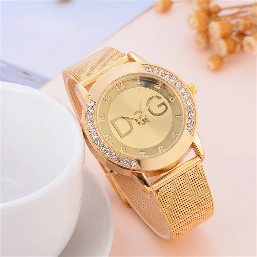 DRAVEN — Golden Radiance – 2025 Women’s Diamond Watch with Mesh Strap & Digital Design
