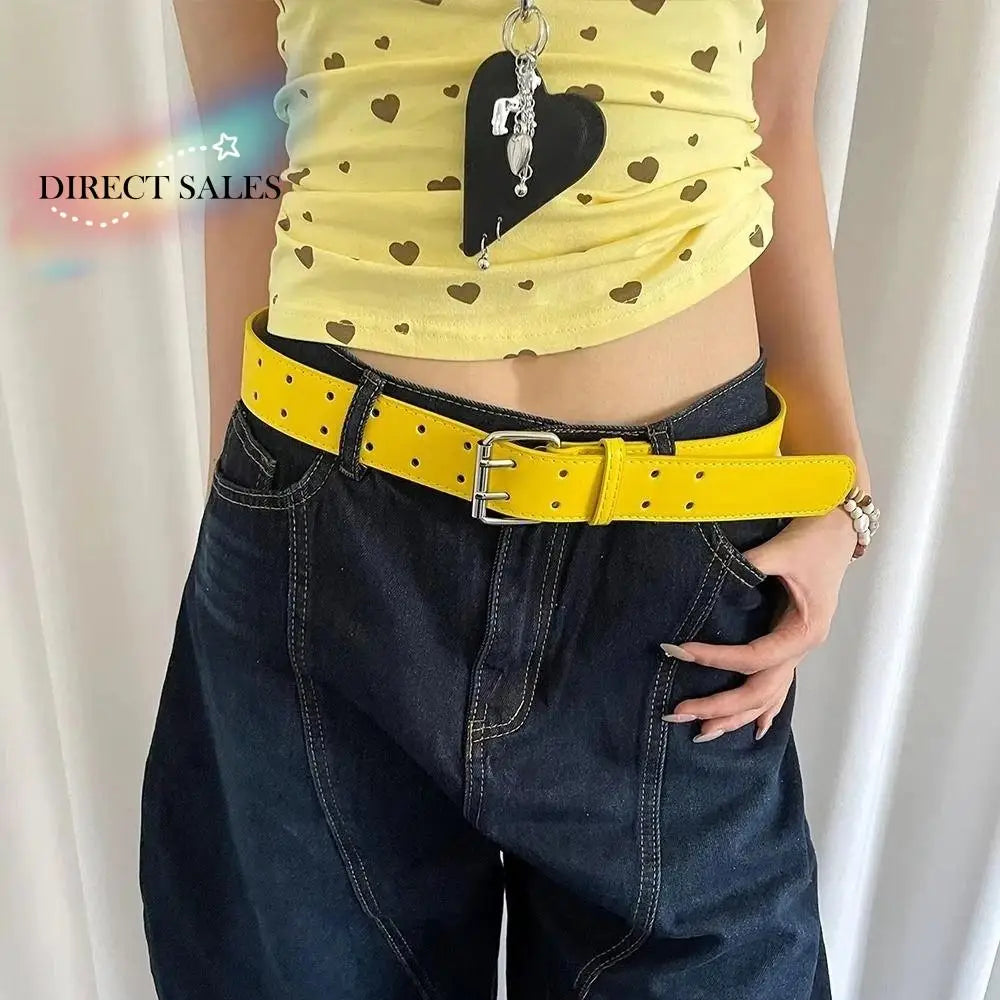 DRAVEN — Y2K Yellow Wide Belt Women Double Buckle Design