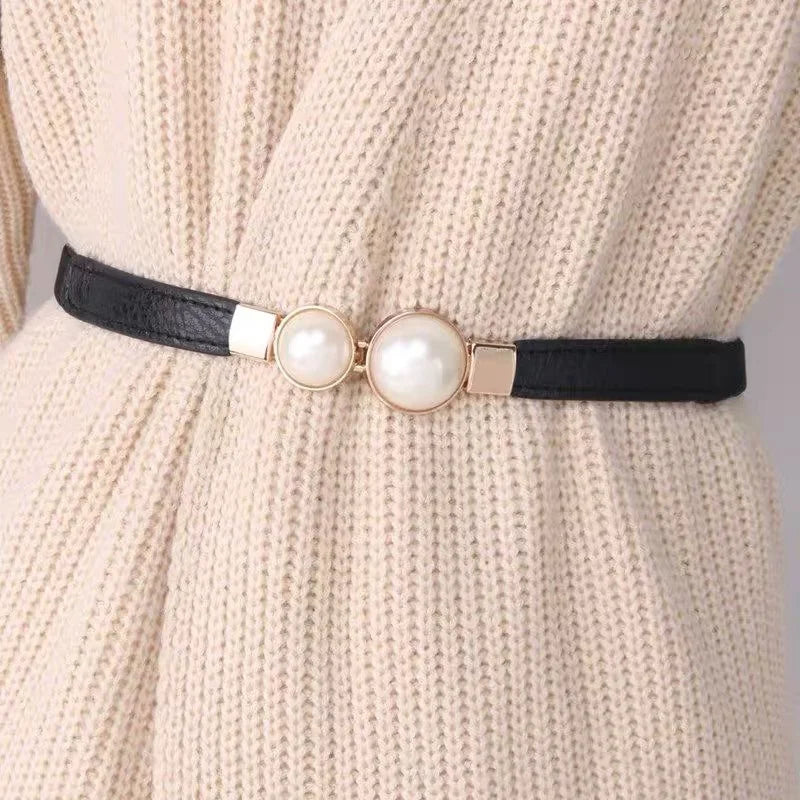 DRAVEN — Double Pearl Buckle Belt Women Elegant Thin Design