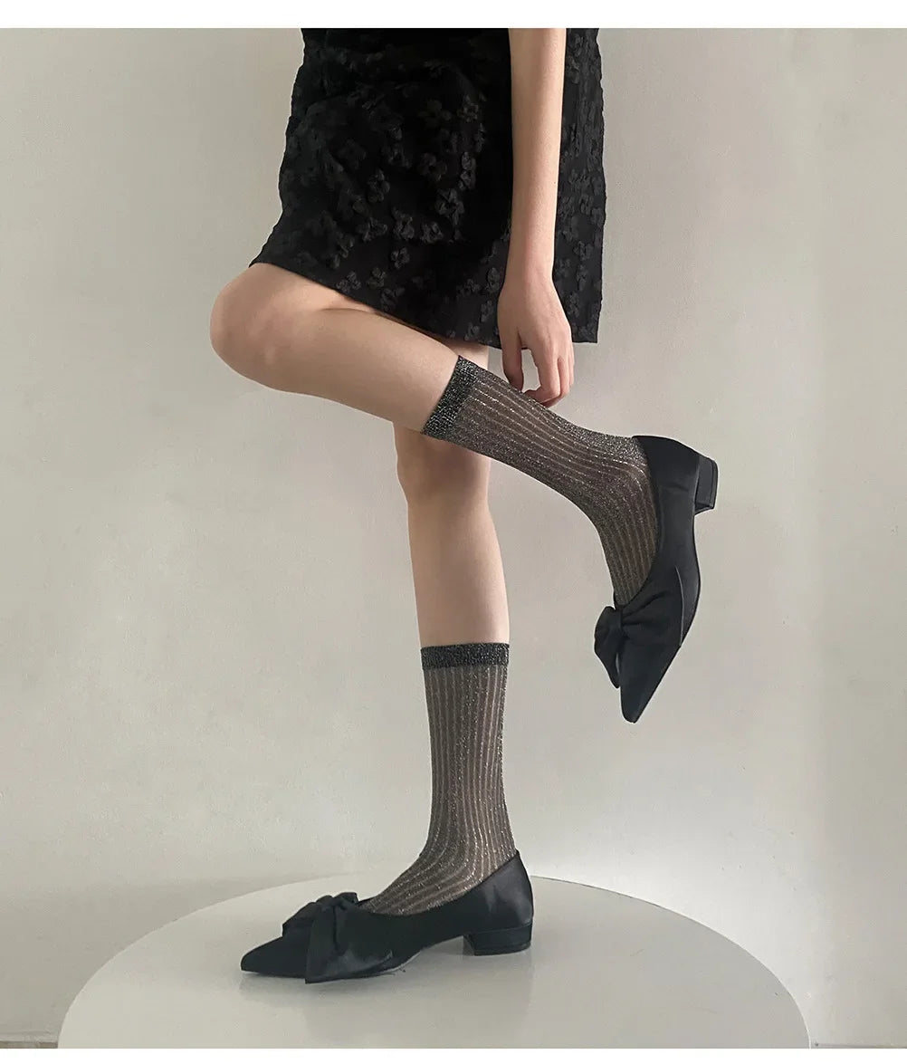DRAVEN — Silver Silk Crew Socks – Women’s Korean Street Style